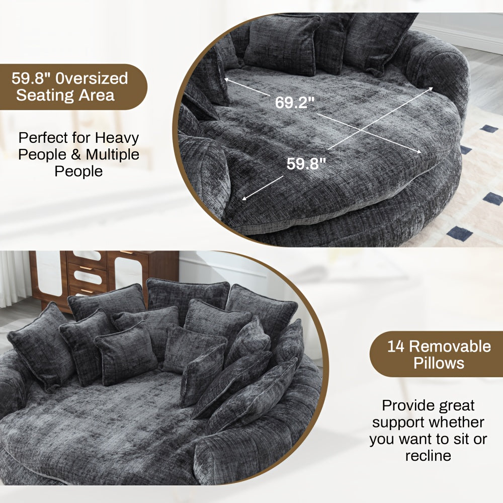 Modern 81" Oversized Bean Bag Chair - Upholstered Chenille Round Sofa Bed with Plush Fluffy Cushion, Deep Seat & Open Back Design, No Assembly Required, Gray Fabric for Living Room, Apartment, or Guest Room, Cozy Seating, Con