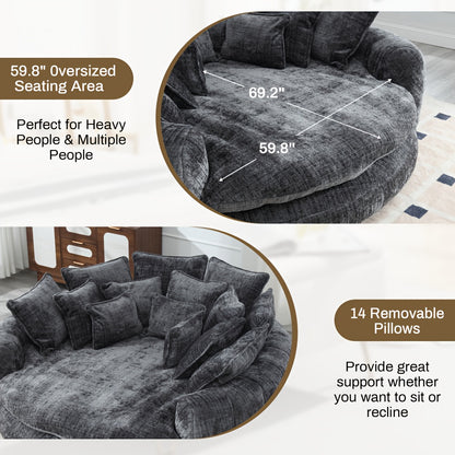 Modern 81" Oversized Bean Bag Chair - Upholstered Chenille Round Sofa Bed with Plush Fluffy Cushion, Deep Seat & Open Back Design, No Assembly Required, Gray Fabric for Living Room, Apartment, or Guest Room, Cozy Seating, Con