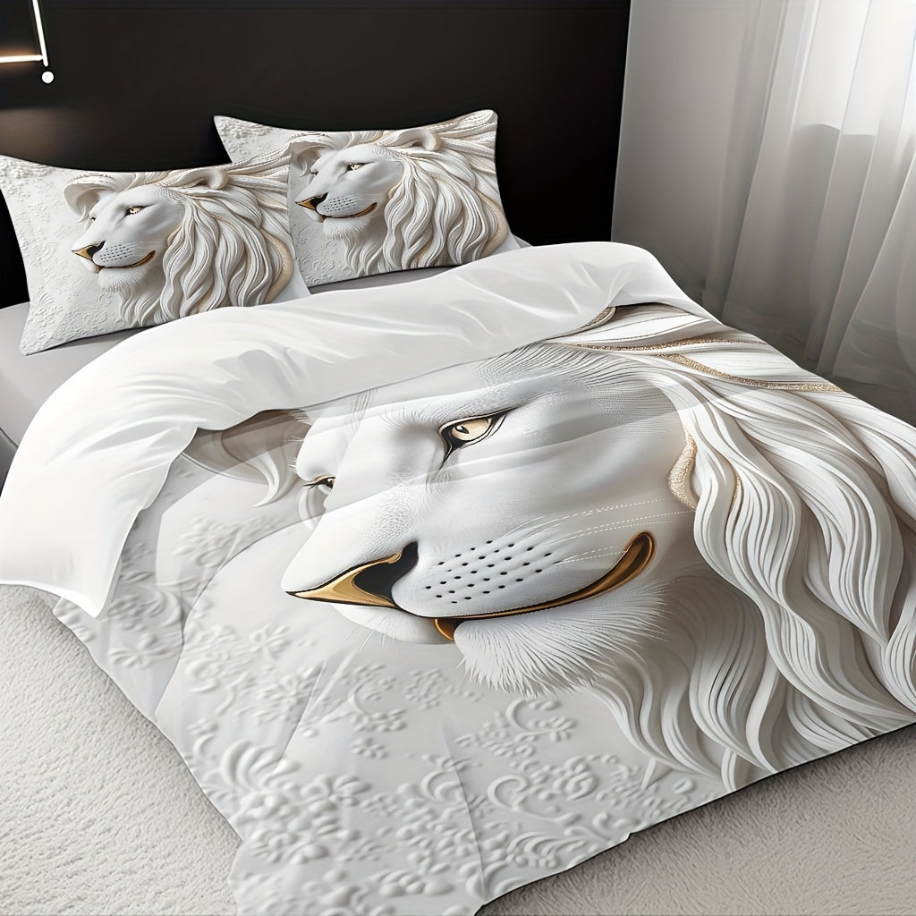 White Lion Duvet Cover Set - Soft High-Definition Digital Print, Breathable Polyester, Machine Washable, Perfect Gift for All-Season Use, Includes 1 Duvet Cover & 2 Pillowcases, Ideal for Family And Friends