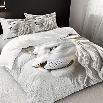 White Lion Duvet Cover Set - Soft High-Definition Digital Print, Breathable Polyester, Machine Washable, Perfect Gift for All-Season Use, Includes 1 Duvet Cover & 2 Pillowcases, Ideal for Family And Friends