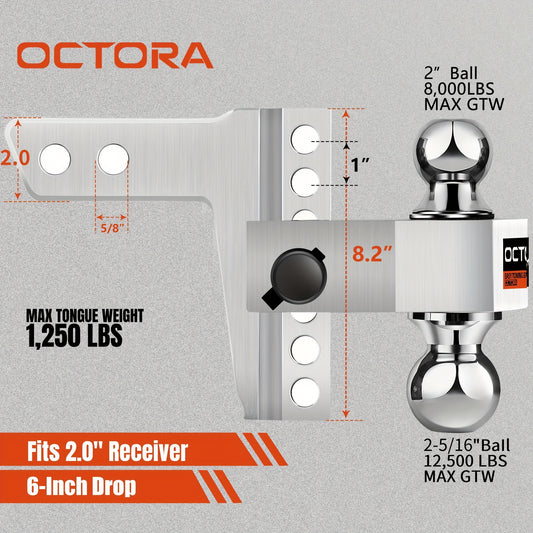 Aluminum Trailer Hook, 2.0" Receiver, 6" Up/Down Adjustment