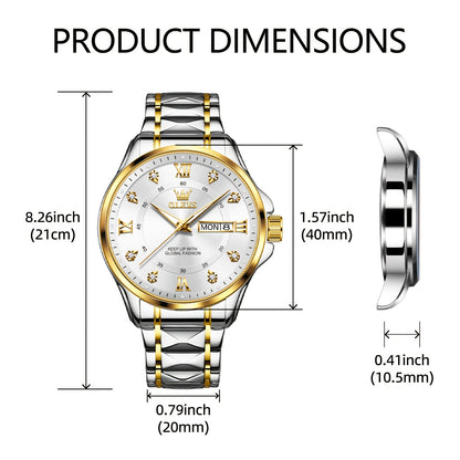 OLEVS Men's Luxury Business Chronograph Watch - Stainless Steel Dual Date & Day Calendar, Luminous Hands, Quartz Movement, Black Dial with Golden Accents for Formal & Casual Wear, Professional Timepiece, Sophisticated Style,