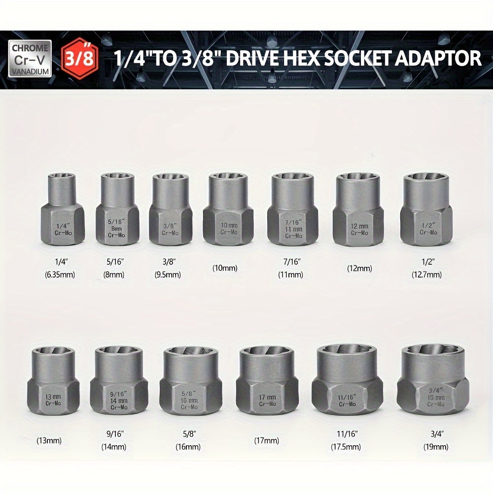 15pcs Nut Extractor Set, 13pcs Bolt And Nut Remover, 1pc Iron Bar (If The Nut Is Still Stuck In The Sleeve When Removing It, Use It To Knock It Out), 1pc 1/4 '' To 3/8 "drive Hexagonal Socket Adapter