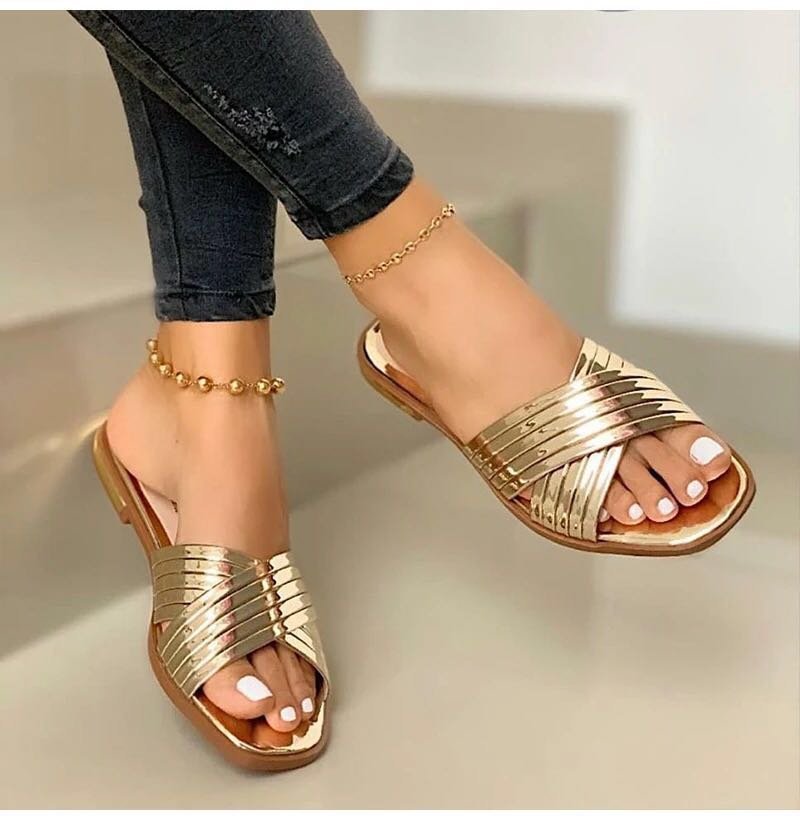 Women's Slip- Comfortable Flat - Open-Toe Mules with Arch & Cushioned Insole, Low-Heel PU Sole, Golden Buckle Strap - Casual to Formal Summer Shoes (EU 36-43, US Women's 5-10) - Ideal for Beach, Office, Semi-Formal Events - E