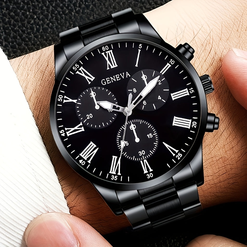 3pcs Set Men's Watch & Necklace Bracelet Set - Quartz Movement Analog Watches with Matching Bracelets, Analog with Hour/Minute/Second Hands, Round Face Business & Casual Wristwatch Collection for Gifts for Men (-)