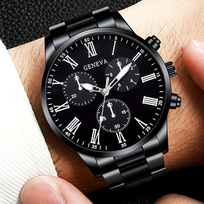 3pcs Set Men's Watch & Necklace Bracelet Set - Quartz Movement Analog Watches with Matching Bracelets, Analog with Hour/Minute/Second Hands, Round Face Business & Casual Wristwatch Collection for Gifts for Men (-)