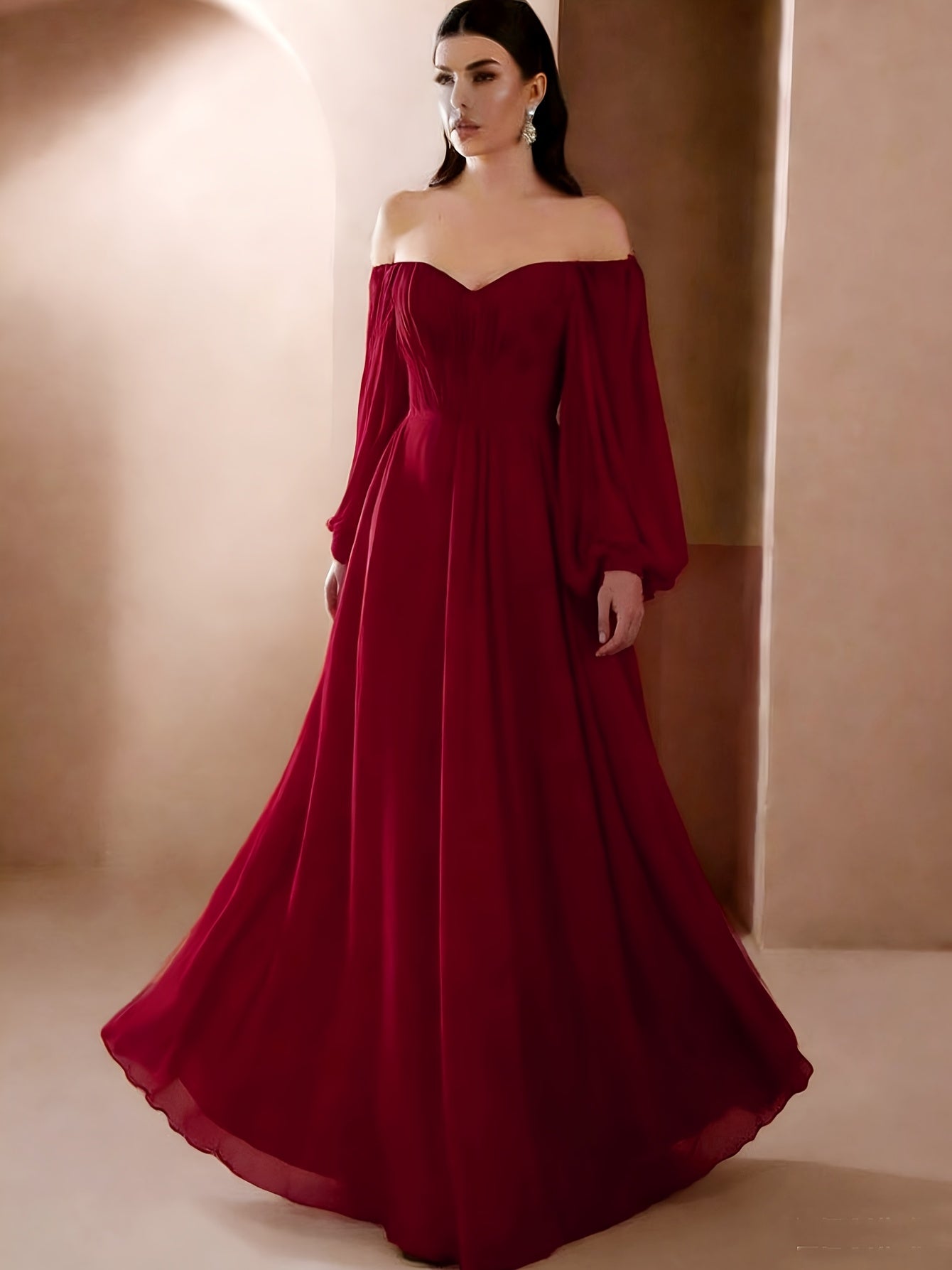 Women'S Elegant Vintage-Inspired One-Shoulder/Off-Shoulder Wedding & Party Dress - Long Sleeve A-Line Chiffon Gown with Puff Sleeve & Train Hem, Solid Formal Evening Gown for Spring Summer Fall, Loose Fit A-Line Silhouette, L