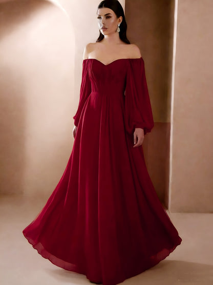 Women'S Elegant Vintage-Inspired One-Shoulder/Off-Shoulder Wedding & Party Dress - Long Sleeve A-Line Chiffon Gown with Puff Sleeve & Train Hem, Solid Formal Evening Gown for Spring Summer Fall, Loose Fit A-Line Silhouette, L