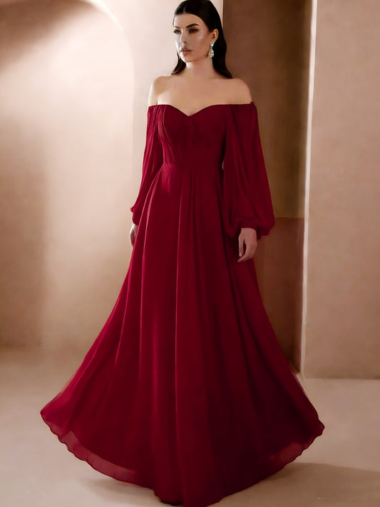 Women'S Elegant Vintage-Inspired One-Shoulder/Off-Shoulder Wedding & Party Dress - Long Sleeve A-Line Chiffon Gown with Puff Sleeve & Train Hem, Solid Formal Evening Gown for Spring Summer Fall, Loose Fit A-Line Silhouette, L