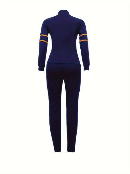 Contrast Trim Casual Spring & Fall Two-piece Set, Zip Front Long Sleeve Top & Slim Pants Outfits, Women's Clothing