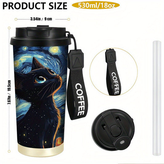 1pc Van Gogh Starry Night & Black Cat Stainless Steel Tumbler - Double-Wall Vacuum Insulated Coffee Cup with Handle, Leakproof & Shatterproof Design, Van Gogh Artwork, Birthday Gift for Men & Women, Travel Mug