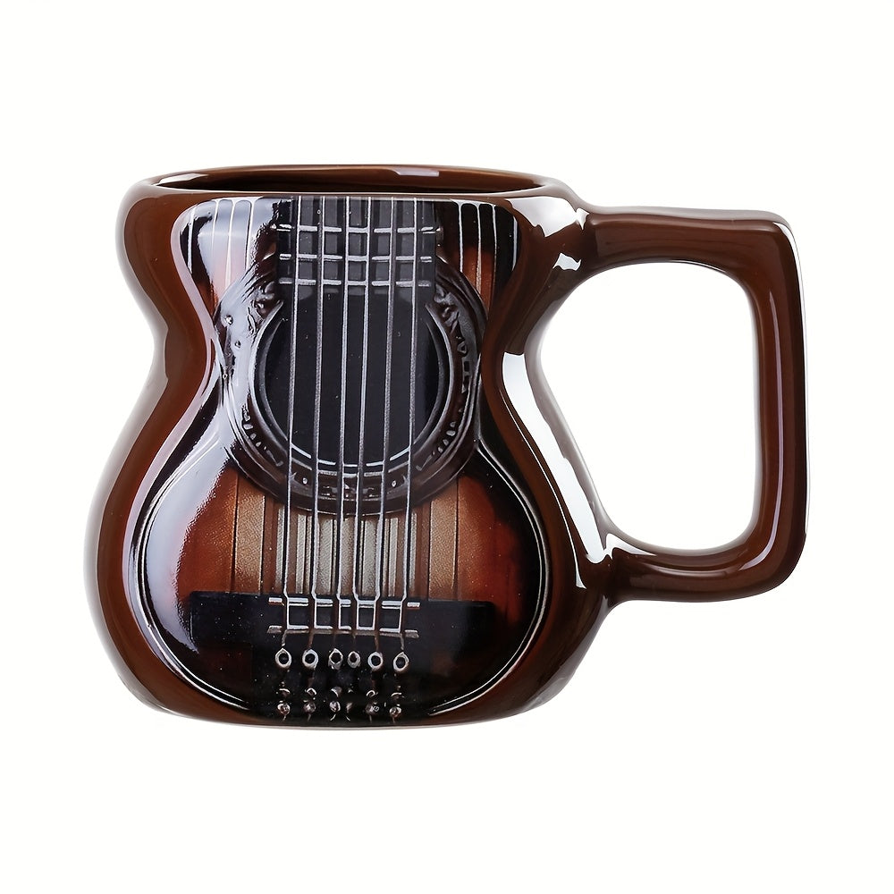 Guitar-Shaped Ceramic Mug - Large 500ml Music-Themed Coffee Cup with Spanish Lyre & Guitar Tab Design, Freezer- Lid, Hand Wash Only - Gift for Musicians, Musically-Inspired Drinkware for Home, Office, Dorm (Guitar Pick Accent