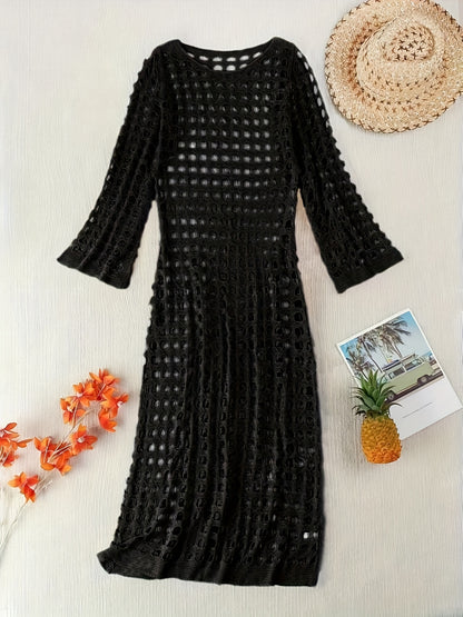 Women'S Plus-Size Vacation Style Beach Casual Loose Sun-Protective Shirt with Hollow Design, Long-Sleeve Round-Neck Cover-Up Dress.