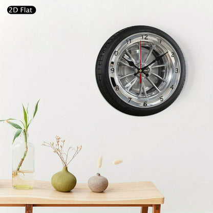 2D Flat 1pc Silent Wall Clock with Car Wheel Design Wooden Wall Clock, 10Inch Modern Home Decor for Living Room, Bedroom, Office - Father's Day, Birthday, Holiday Gift, Battery Not Included, Clock Wall Decor, Bedroom Accessor