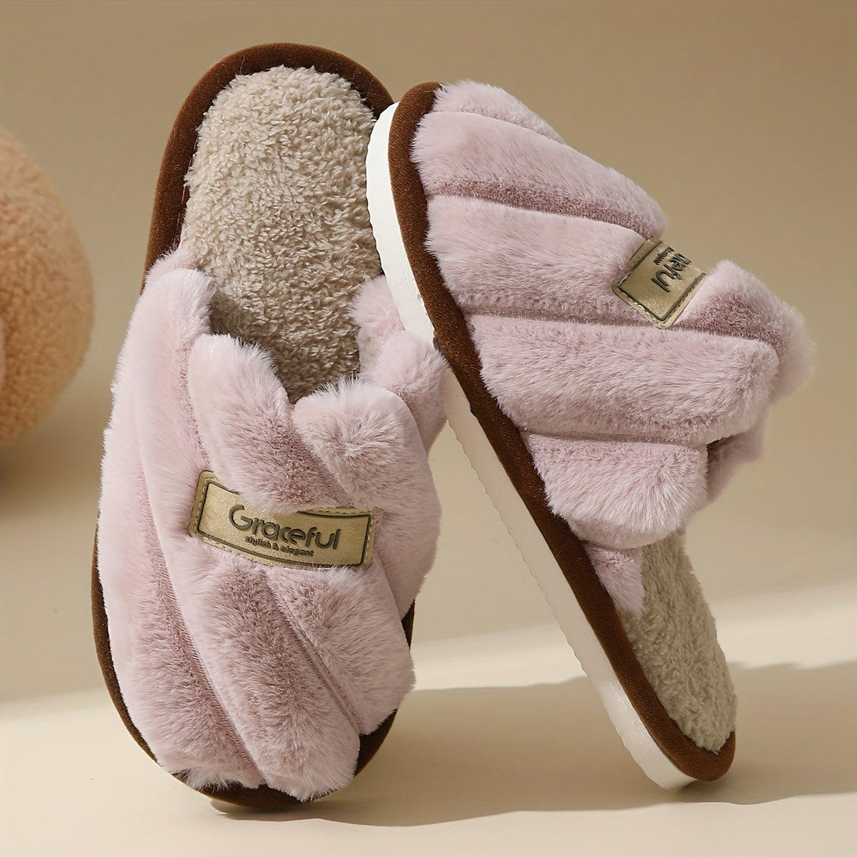 Women's Winter Plush House Slippers - Cozy Indoor/Outdoor Moccasins with Soft & Non-Slip PVC Sole, Beige/Black/Pink/Brown/ - Cushioned Warmth for Home, Hotel, Spa - Easy-Care Fabric Upper (No Maintenance)