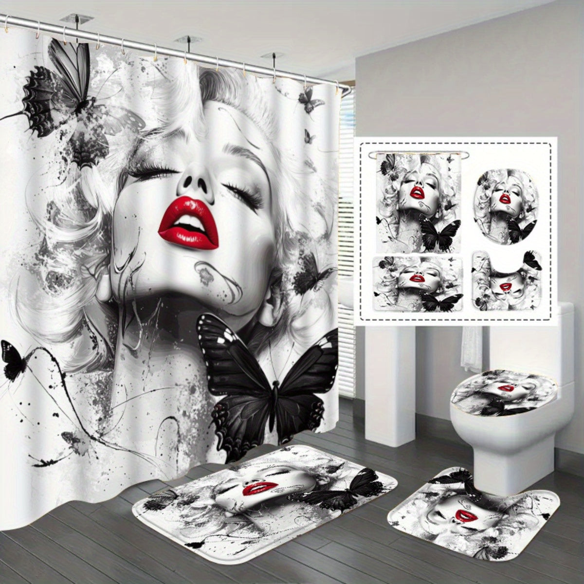 1/3/4pcs Butterfly Kiss II Shower Curtain Set, Black and White Background Red Lip Butterfly Print Bathroom Decor, Includes Bath Mat, U-Shaped Mat, Toilet Lid Cover, 70.87x70.87inch, Curtain with 12 Hooks, "Butterfly Kiss II,