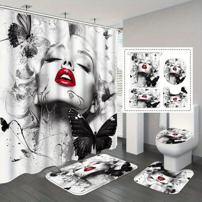 1/3/4pcs Butterfly Kiss II Shower Curtain Set, Black and White Background Red Lip Butterfly Print Bathroom Decor, Includes Bath Mat, U-Shaped Mat, Toilet Lid Cover, 70.87x70.87inch, Curtain with 12 Hooks, "Butterfly Kiss II,