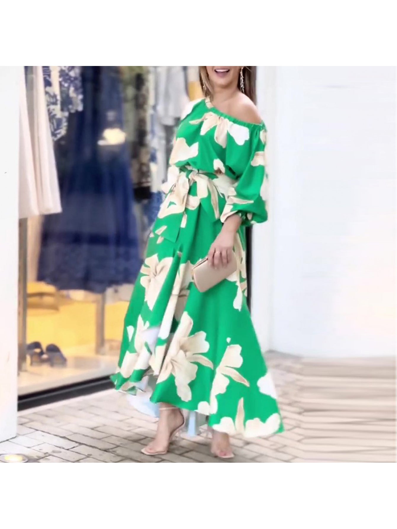 2026 Spring New Temperament Elegant Print Long Sleeve Slanted Collar Loose Dress Spring Spring Wear Spring Fashion Women's Spring and Summer Dresses Spring and Summer Dresses Women's Dresses Suitable for Bridesmaids Prom Outf