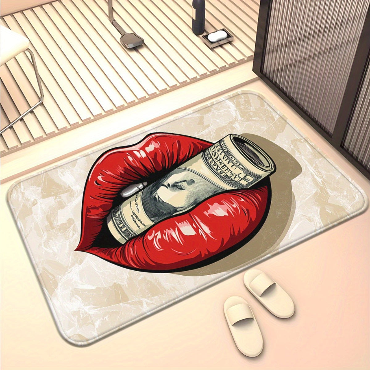 1pc Red Lips with Money Visual Door Mat - Microfiber, Absorbent, Machine Washable Polyester Rug for Bathroom, Bedroom, Living Room Entrance, Bathroom Mat | Artistic Floor Mat | Durable Floor Covering, Bathroom Decor