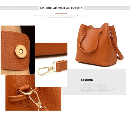 New 4pc Large Capacity Leather Handbag Solid Color Lychee Texture Shoulder Bag Bucket Bag Purse