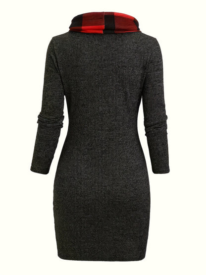 -Designed Plaid Patchwork Gathered Long Sleeve Dress