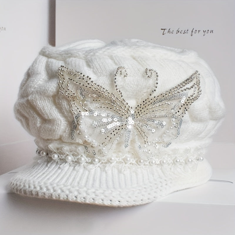 [Elegant Winter Hat] Women'S Winter Hat - Elegant White with Floral-like Decoration, Lightweight Warm Beanie for Cold Weather, Formal & Everyday Outfits - Easy Care (Hand Wash/Dry Clean) - Perfect Gift for Women, Ladies Winte