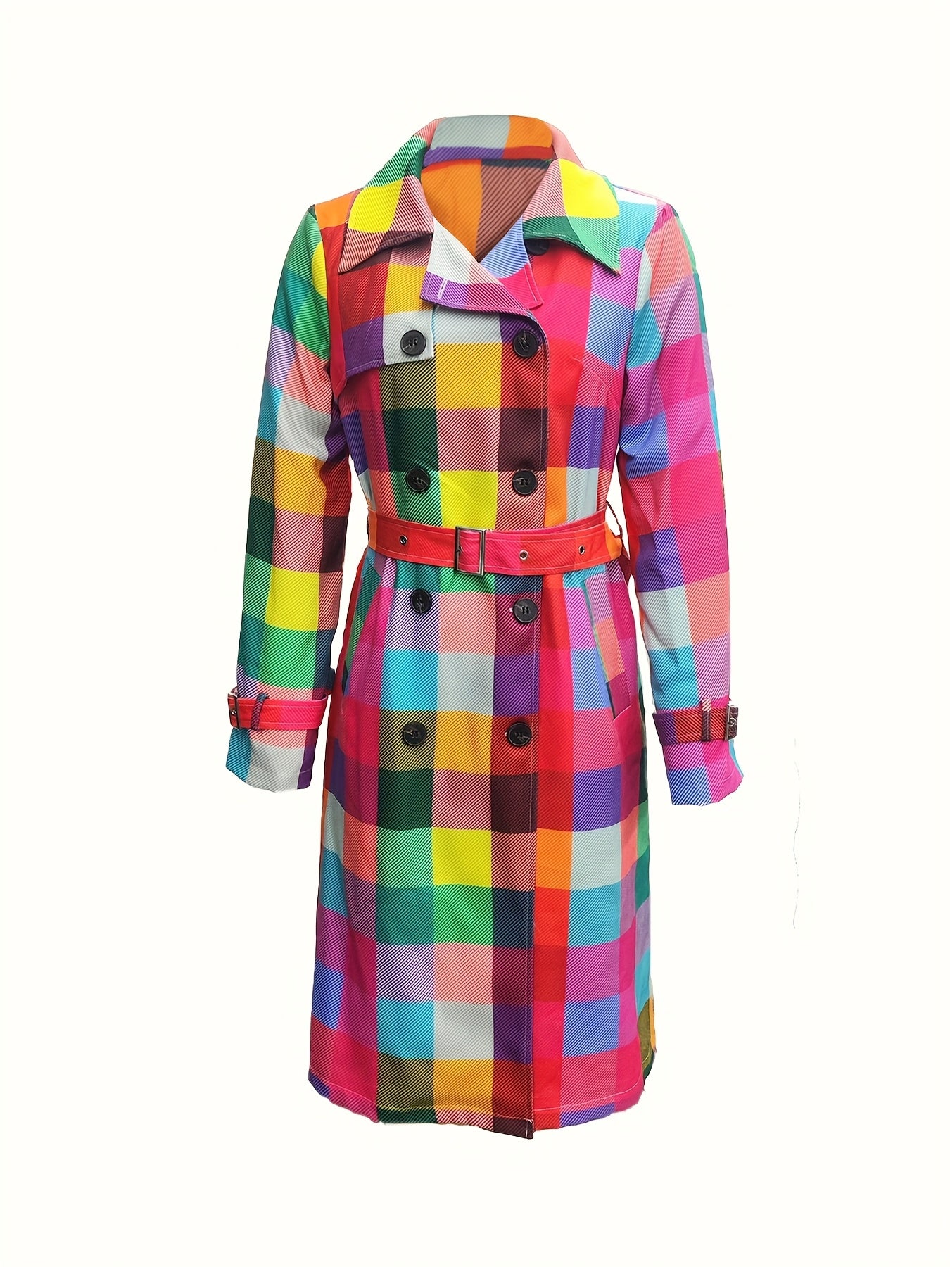 Colorful Plaid Print - Directional Durable Construction - Women's Raincoat with Belt - Elegant Long-Sleeved Jacket with Front Ties - Machine Washable Polyester - Bright Plaid Design - Perfect for Casual Fashionable Outfits