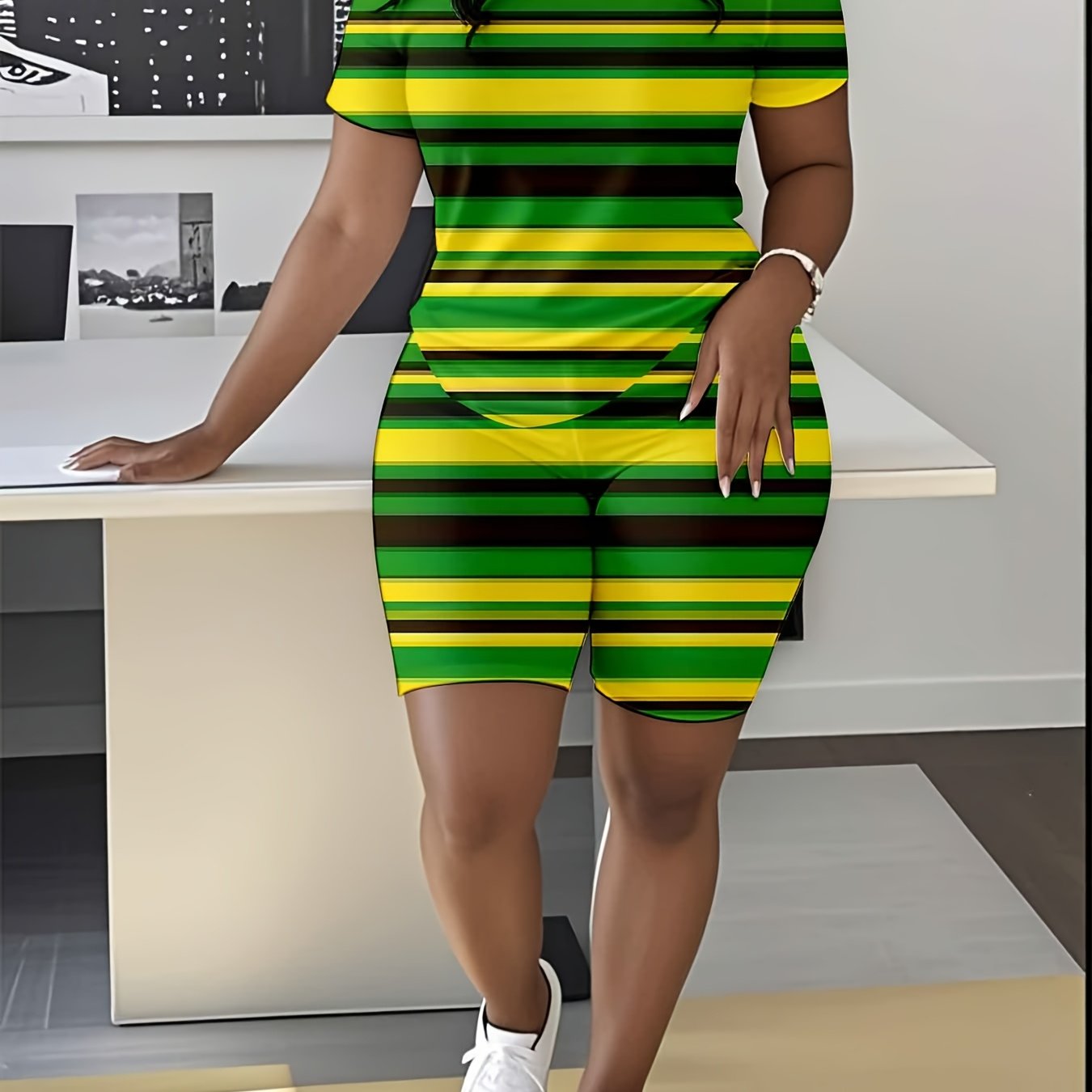 Women'S Summer Casual Two-Piece Set - Color Block Striped Round Neck Short Sleeve Top & Shorts, Polyester Blend, Machine Washable