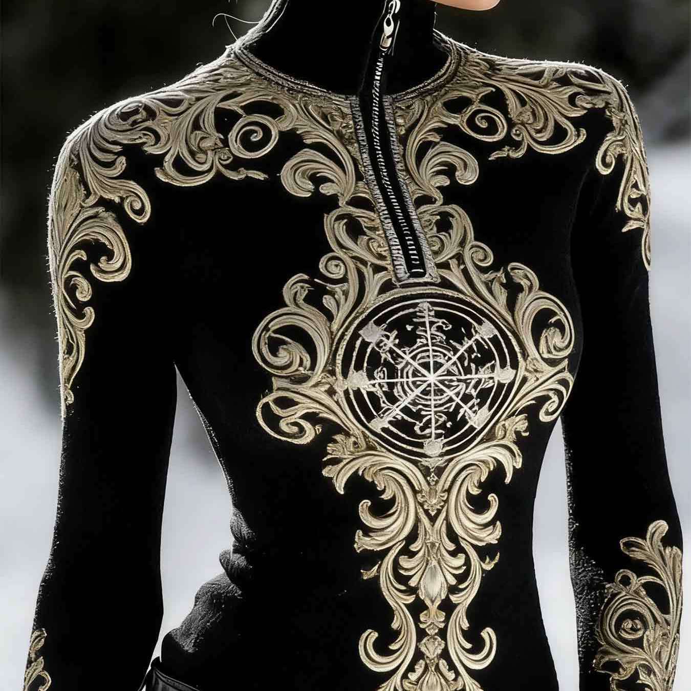 This Is a Women'S Half-Zip Turtleneck Sweatshirt Featuring a Printed Design Rather Than a Textured One. It Showcases an Ethnic Retro Style with Intricate Decorative Elements