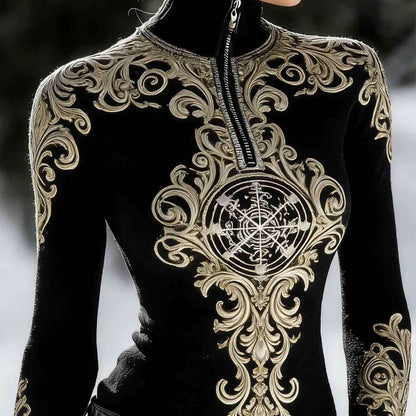 This Is a Women'S Half-Zip Turtleneck Sweatshirt Featuring a Printed Design Rather Than a Textured One. It Showcases an Ethnic Retro Style with Intricate Decorative Elements
