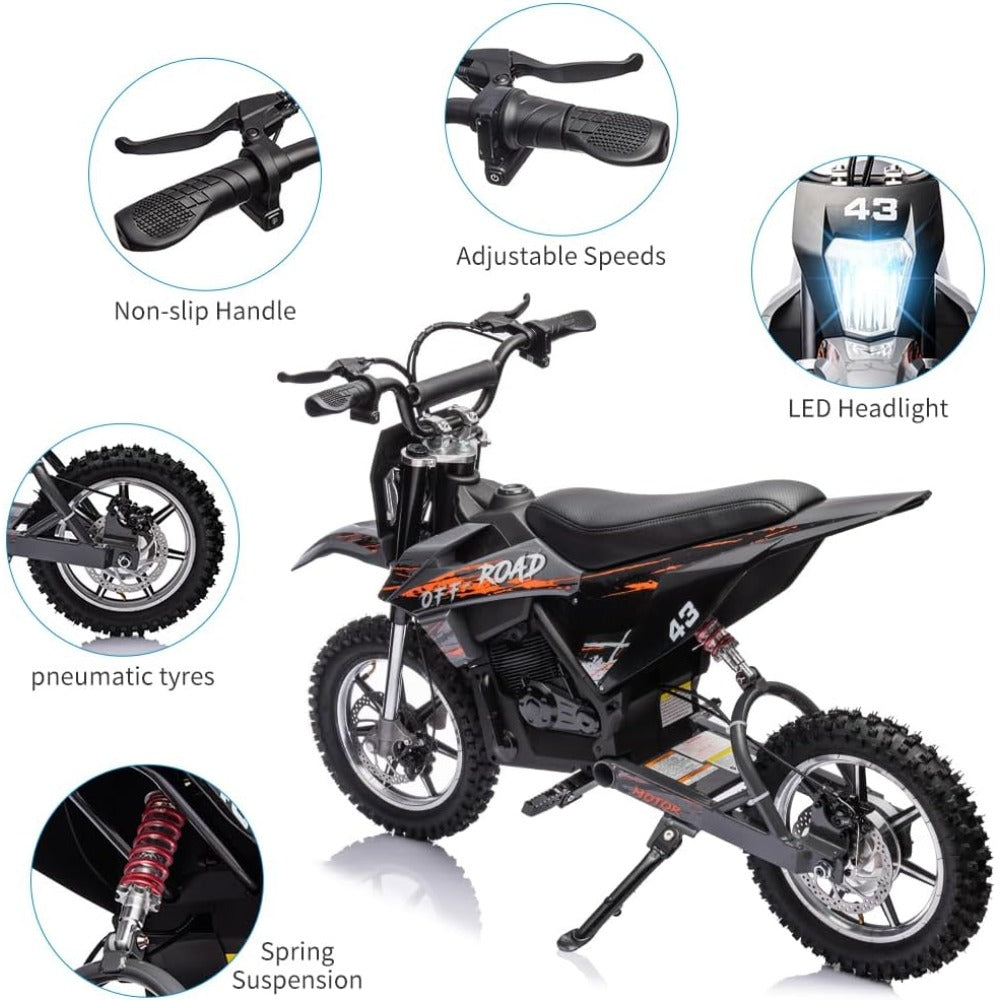 36V Electric Dirt Bike for Kids 13-16 Years, 15.5 MPH High-Speed Off-Road Motorcycle with 350W/500W Motor (Brushless/Brushed), 175 lbs Capacity, All-Terrain ATV-Like Bike, Front/Rear Brakes & LED (-)