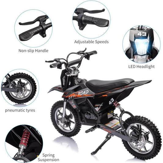 36V Electric Dirt Bike for Kids 13-16 Years, 15.5 MPH High-Speed Off-Road Motorcycle with 350W/500W Motor (Brushless/Brushed), 175 lbs Capacity, All-Terrain ATV-Like Bike, Front/Rear Brakes & LED (-)