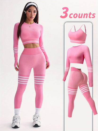 3pcs Women's Full Athletic Set - Seamless Striped Quick-Dry Sports Bra, Tight-Fitting Long Sleeve Gym Pants with Moai Panel Technology | High-Elasticity Moisture-Wicking Fabric for Running, Gymnastics, Training Outfit (All-Se