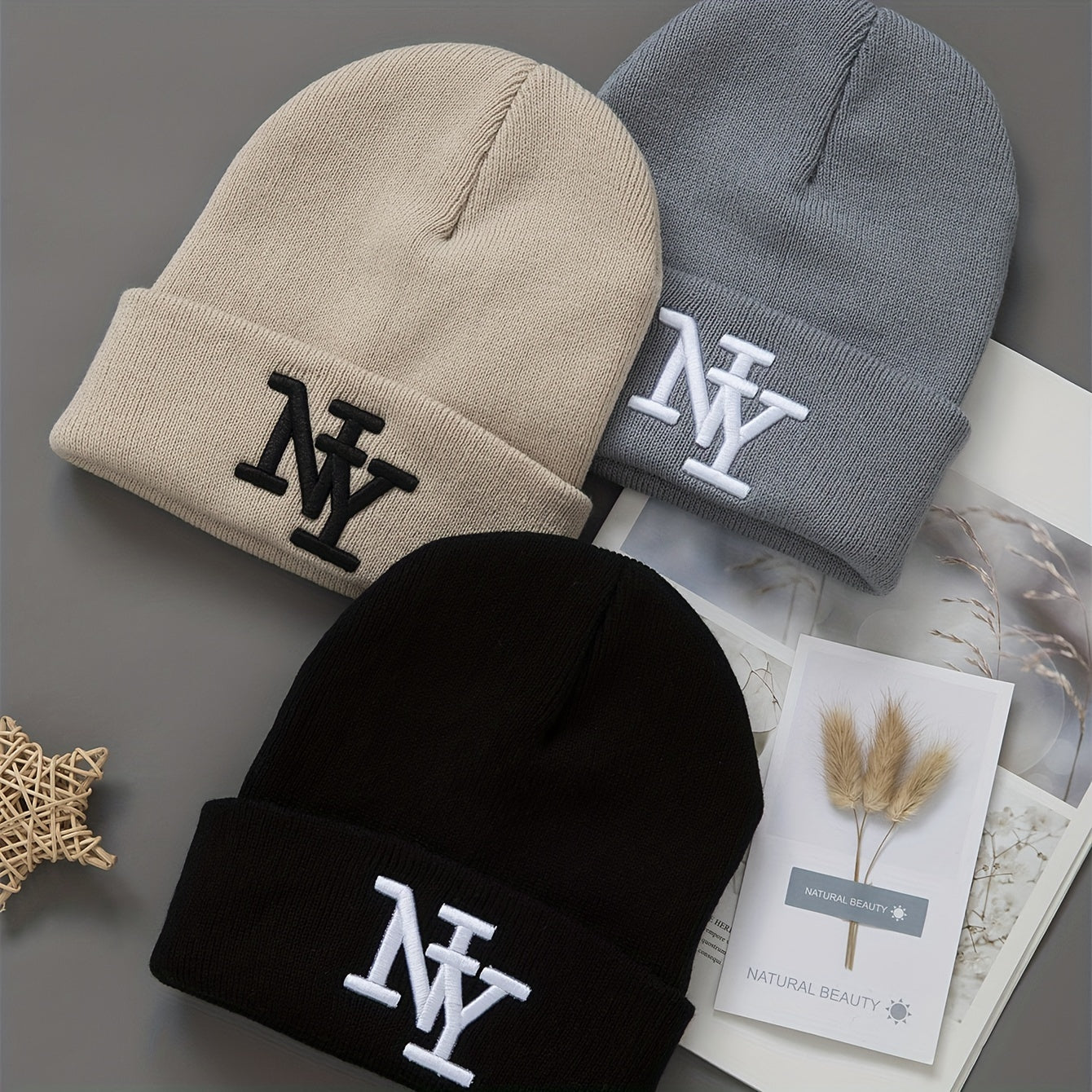 Unisex Winter Beanie Hats - 3-Pack Solid Color - Knitted Warm Outdoor Caps with Embroidered NY Logo - Hand Washable - Black