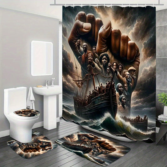 1pc/4pcs Winning ship pattern, Apartment bathroom, Shower Room shower curtain, hotel shower curtain set, with 12 hooks, bathroom mat, toilet seat mat and U-shaped mat, bathroom accessories, shower curtain set