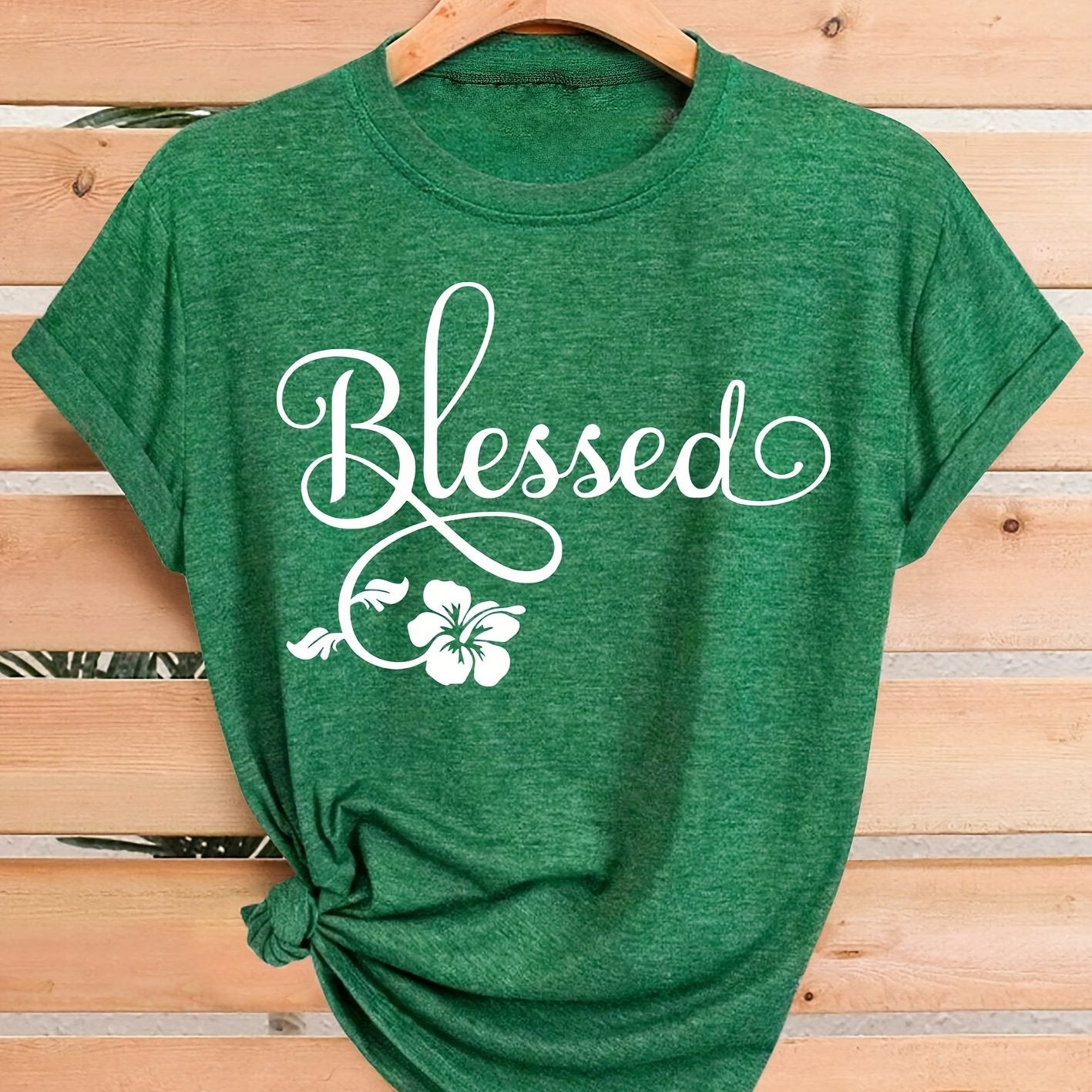 Women's Casual Short Sleeve T-Shirt - Blessed Floral Print Retro Style, Soft Stretch Round Neck Top, Machine Washable All-Season Comfort, Multi-Color Options S-XXL, Ladies T Shirts