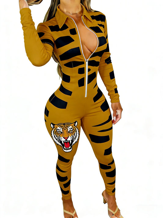 Women's Long Sleeve Slim Jumpsuit with Tiger Stripes & Side Tiger Head Print Trendy Style Perfect for Casual Outings Daily Errands Sizes 2XS-2XL
