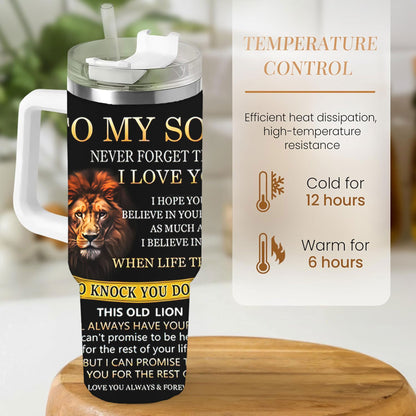 40oz Insulated Travel Mug with Straw & Lid - "to My Son: Never Forget I Love You" Inspirational Lion Design Water Bottle - Leak-Proof Coffee Cup for Easter, Mother's Day, Father's Day Gifts - Durable 40oz Tumbler for Birthday