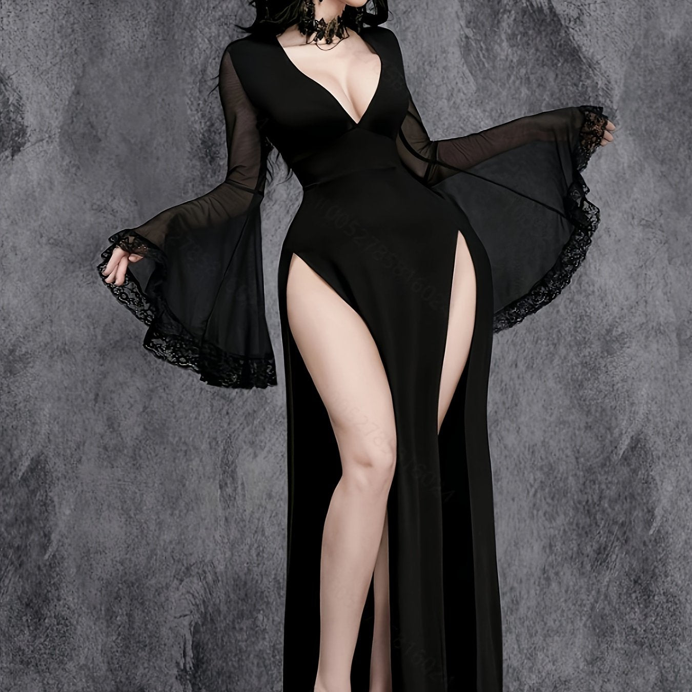 Women's Gothic Sexy V-Neck High Slit Sleeve Lace Trim Party Wedding Dress, Black Long Sleeve Formal Ball Evening Gown for Wedding Guests, Graduation, Dinner