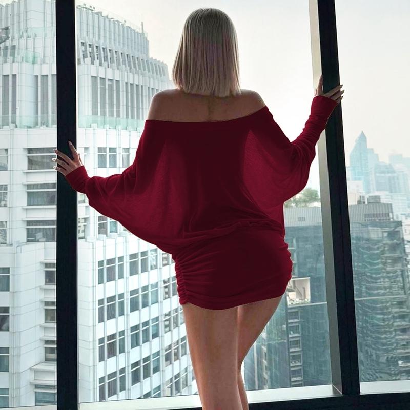 Women'S Sexy Off-the-Shoulder Long Sleeve Mini Dress - Solid Color Sheer Panel Party Clubwear, European & American Inspired Pleated Bandeau Dress for Spring/Autumn, Casual to Night Outfits, 2025 New Arrival (Sexy Off-Shoulder