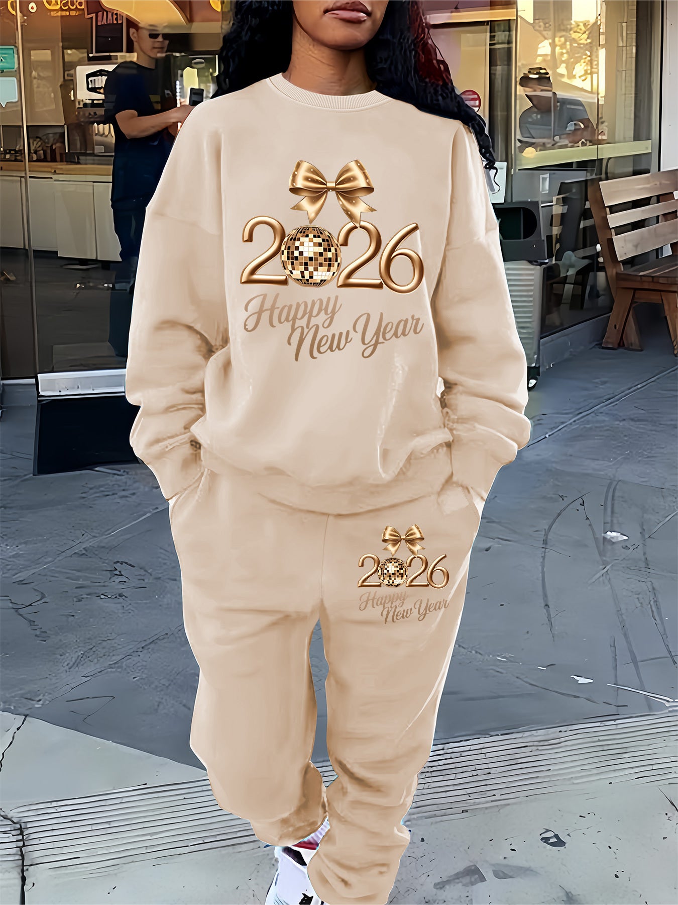 Women'S Casual Crew Neck Sweatshirt & Pants Set - Cozy Fleece-Lined Two-Piece Outfit with "Happy New Year" Print, Perfect for Fall/Winter, Casual Wear, |playful Print|fleece Lined Pants, Sweater Pants