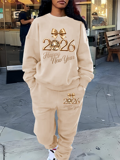 Women'S Casual Crew Neck Sweatshirt & Pants Set - Cozy Fleece-Lined Two-Piece Outfit with "Happy New Year" Print, Perfect for Fall/Winter, Casual Wear, |playful Print|fleece Lined Pants, Sweater Pants