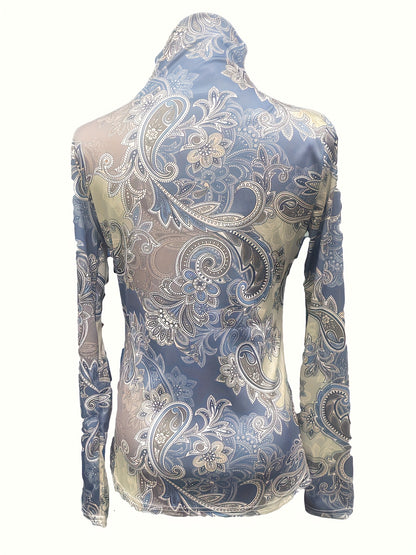 Plus Size - Plus Size Long Sleeve T-Shirt for Women with a Semi-High Collar, Featuring a Printed Design, Perfect for Autumn And Winter, Tailored to Create a Slim Silhouette.