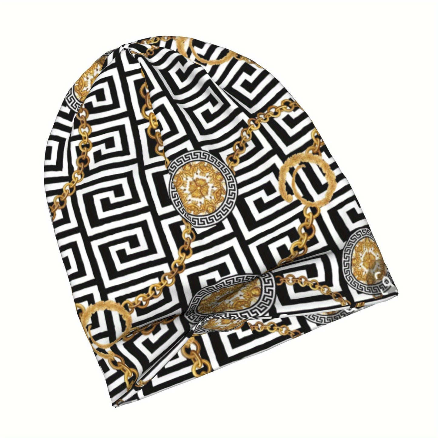 1pc Designer Beanie Hat for Men - Retro Geometric Pattern Skull Cap with Golden Accents, Soft Stretchy Elastic Band, Trendy Casual Winter Hat, Perfect Gift for Him, Comfortable Headwear, Cold Weather Accessory, Fashionable He