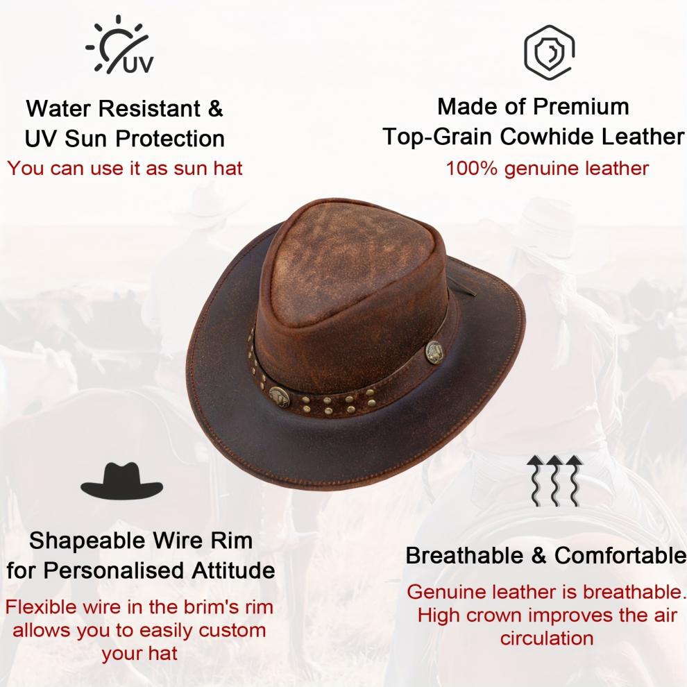 Men's & Women's Genuine First-Layer Cowhide Western Cowboy Hat - Vintage Australian Wide Brim, UPF Sun Protection, Breathable High Top with Rivet Trim, Outdoor Ranch Riding Hat for Rodeo, Casual Wear (Unisex)