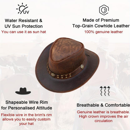 Men's & Women's Genuine First-Layer Cowhide Western Cowboy Hat - Vintage Australian Wide Brim, UPF Sun Protection, Breathable High Top with Rivet Trim, Outdoor Ranch Riding Hat for Rodeo, Casual Wear (Unisex)