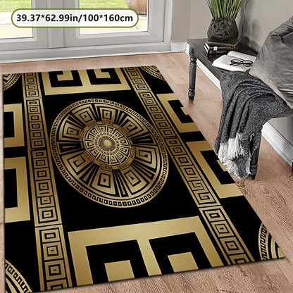 Black and Golden Greek Pattern Mat, Soft and Durable, Machine Washable and Easy to Clean, Lightweight, Soft, Comfortable, High-end Velvet + 7mm Thickness + Non-slip Backing + Over 800g per square meter, Kitchen Mat, Living Ro