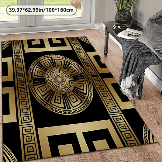 Black and Golden Greek Pattern Mat, Soft and Durable, Machine Washable and Easy to Clean, Lightweight, Soft, Comfortable, High-end Velvet + 7mm Thickness + Non-slip Backing + Over 800g per square meter, Kitchen Mat, Living Ro
