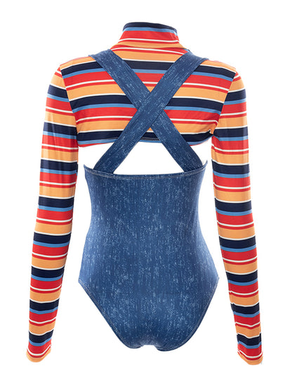 Women's 2pcs Bodysuit Jumpsuit - Sexy Mature Letter Print & Stripe Crop Top/Bodysuit Matching Outfit, Full-Body Suit for Cosplay, Theme Parties, Casual Attire - Hand Washable Adult One-Piece (Non-)