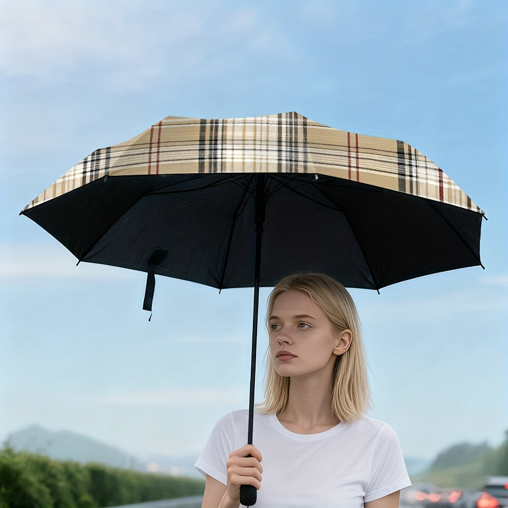 1pc Automatic Open/Close Blocking Umbrella with One-Touch Button, Beige Plaid Checkered Canopy, 10-Rib-like (8-Rib) Frame, Windproof & Portable Compact Travel Umbrella for s, Hiking, Beach, Commuting,  or
